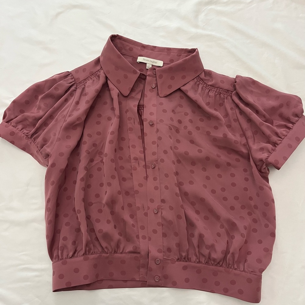 Favorite Daughter Garden Party Polka Dot Banded Waist Pink Blouse Size Large